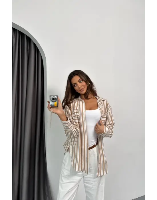 Omarı Çizgili Klasik Gömlek - Bej Tonları