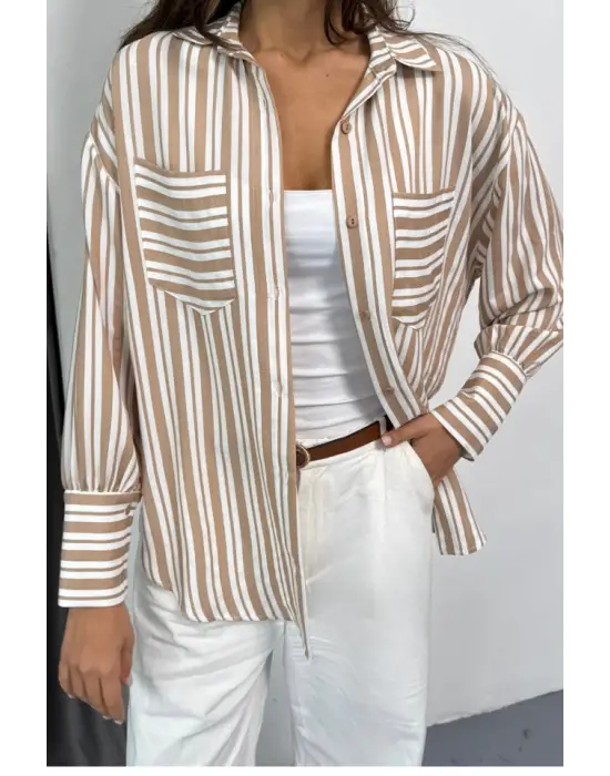 Omarı Çizgili Klasik Gömlek - Bej Tonları