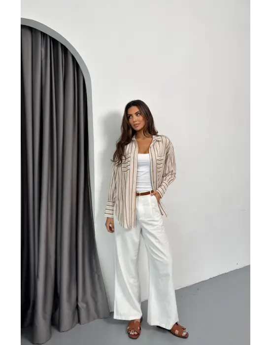 Omarı Çizgili Klasik Gömlek - Bej Tonları