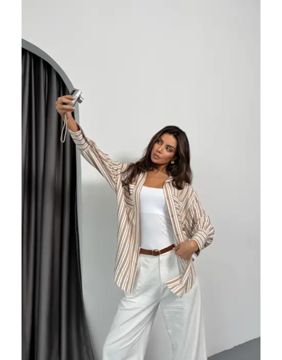 Omarı Çizgili Klasik Gömlek - Bej Tonları