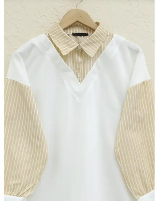 Çizgili Gömlek Detaylı Sweat Tunik -Açık Vizon