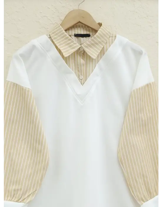 Omarı Çizgili Detaylı Sweat Tunik - Açık Vizon