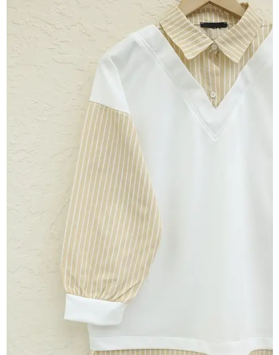 Çizgili Gömlek Detaylı Sweat Tunik -Açık Vizon