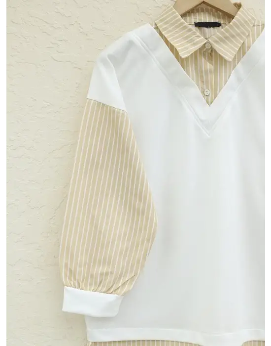 Omarı Çizgili Detaylı Sweat Tunik - Açık Vizon