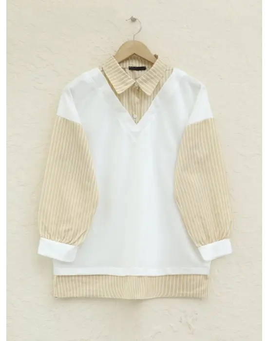 Çizgili Gömlek Detaylı Sweat Tunik -Açık Vizon