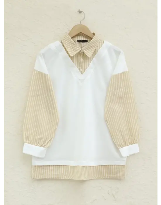 Omarı Çizgili Detaylı Sweat Tunik - Açık Vizon