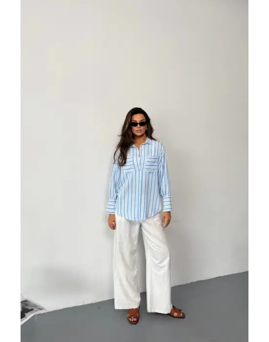 Omarı Mavi Çizgili Şık Gömlek Modelleri