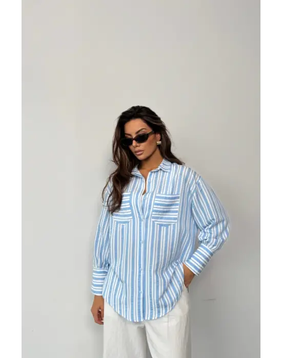 Omarı Mavi Çizgili Şık Gömlek Modelleri