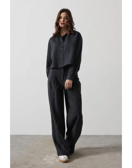 Çizgili Gömlek Pantolon Takım - Lacivert