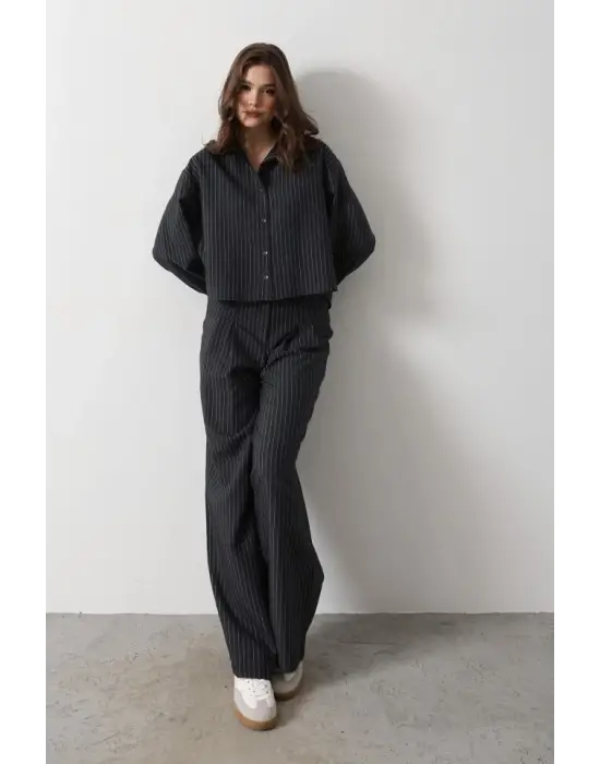 Çizgili Gömlek Pantolon Takım - Lacivert