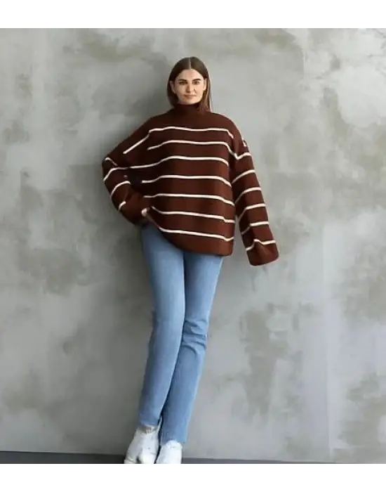 Çizgili ispanyol kol triko boğazlı kahve beyaz elf