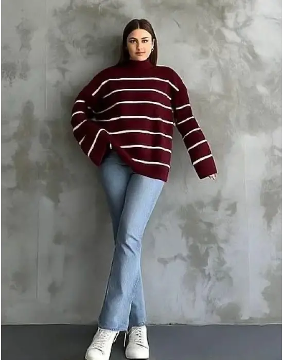 Çizgili ispanyol kol triko boğazlı kahve beyaz elf