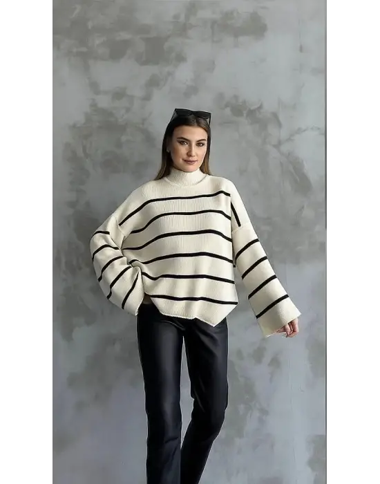 Çizgili ispanyol kol triko boğazlı kazak beyaz elf