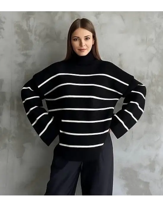 Çizgili ispanyol kol triko boğazlı kazak siyah elf