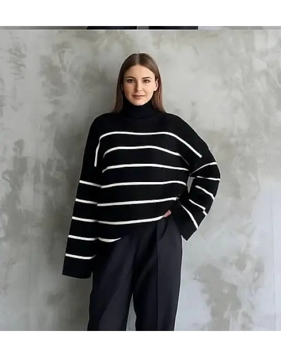 Çizgili ispanyol kol triko boğazlı kazak siyah elf
