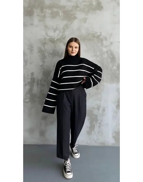 Çizgili ispanyol kol triko boğazlı kazak siyah elf