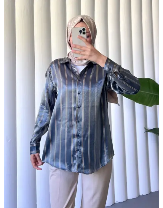 Çizgili Janjanlı Gömlek -İndigo