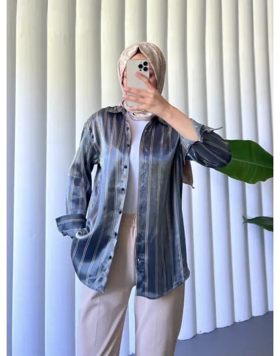 Çizgili Janjanlı Gömlek -İndigo