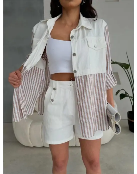 Omarı Çizgili Gabardin Şort ve Keten Garnili Ceket Takımı - Kahverengi