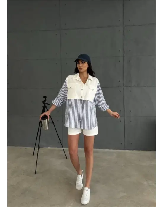 Omarı Çizgili Keten Garnili Ceket Takım - Lacivert