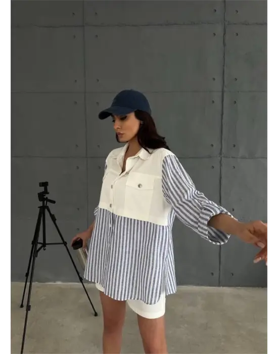 Omarı Çizgili Keten Garnili Ceket Takım - Lacivert