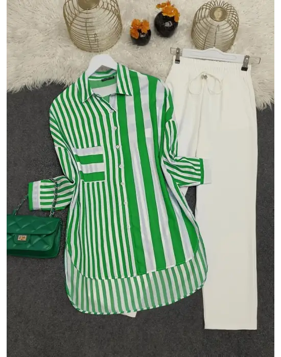 Çizgili Keten Gömlek  -Yeşil