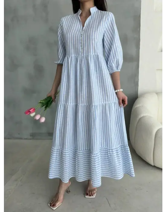 ÇİZGİLİ KETEN HAKİM YAKA DÜĞMELİ SALAŞ ELBİSE - Mavi