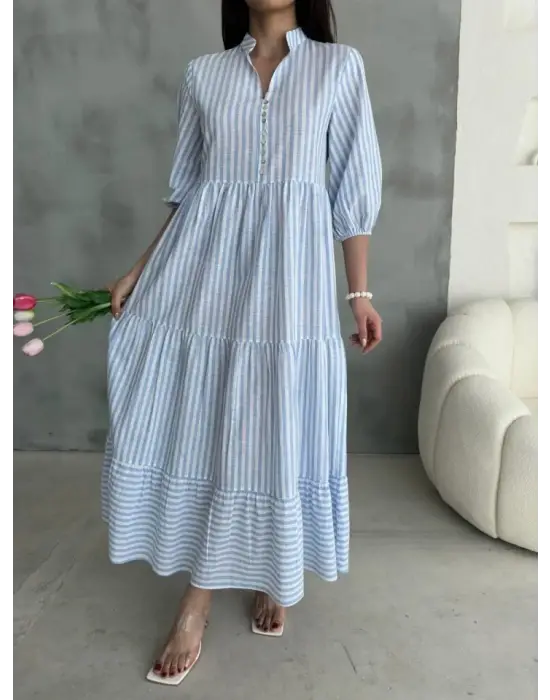 ÇİZGİLİ KETEN HAKİM YAKA DÜĞMELİ SALAŞ ELBİSE - Mavi