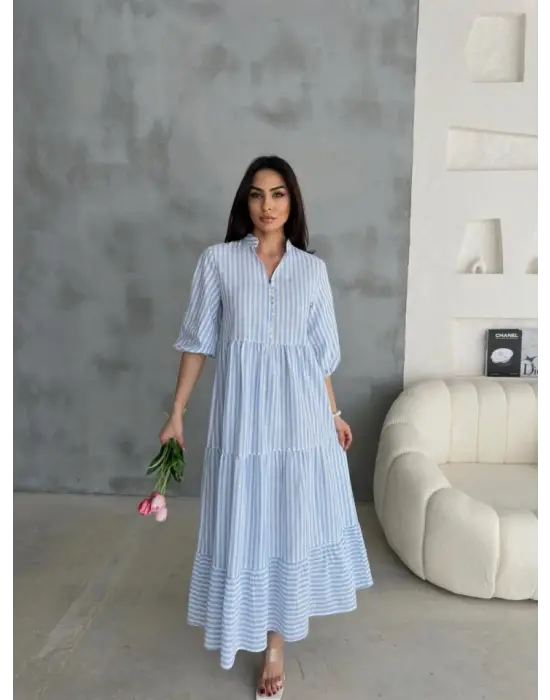 ÇİZGİLİ KETEN HAKİM YAKA DÜĞMELİ SALAŞ ELBİSE - Mavi