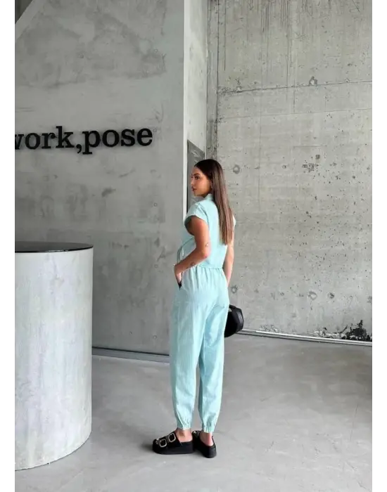 ÇİZGİLİ KETEN KOLSUZ CROP PANTOLON TAKIM - Yeşil