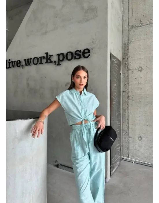 ÇİZGİLİ KETEN KOLSUZ CROP PANTOLON TAKIM - Yeşil