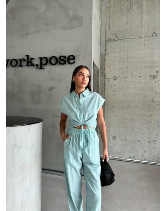 ÇİZGİLİ KETEN KOLSUZ CROP PANTOLON TAKIM - Yeşil