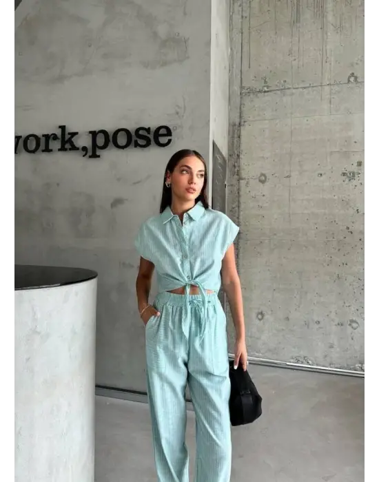 ÇİZGİLİ KETEN KOLSUZ CROP PANTOLON TAKIM - Yeşil