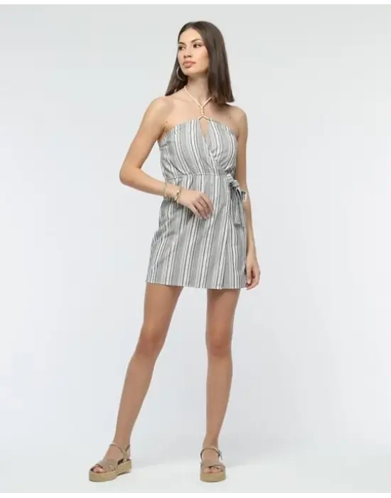 Omarı Keten Elbise - Kuşaklı Çizgili Mini Elbise