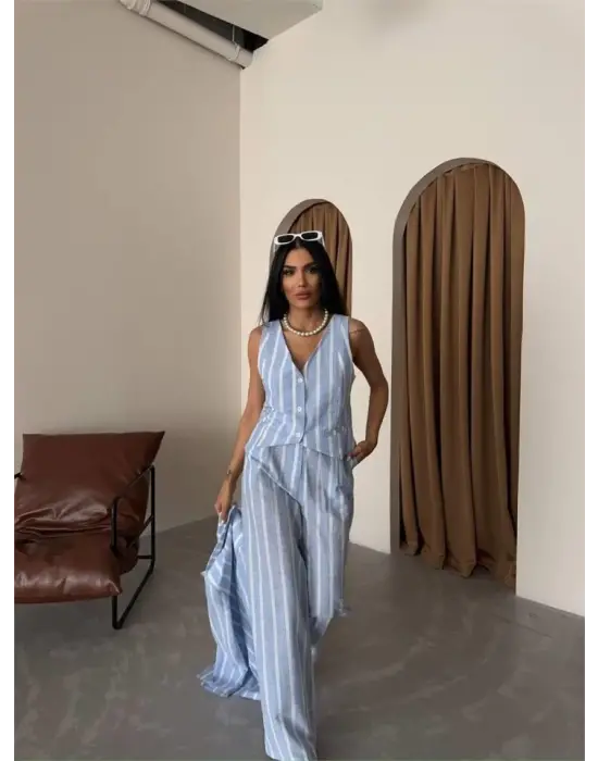 Omarı Mavi Çizgili Keten Takım