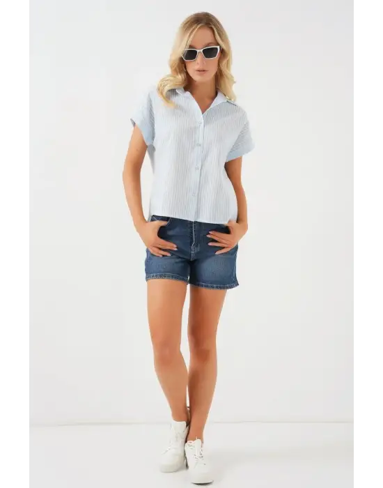 Çizgili Kısa Kol Gömlek 20324 - Açık Mavi