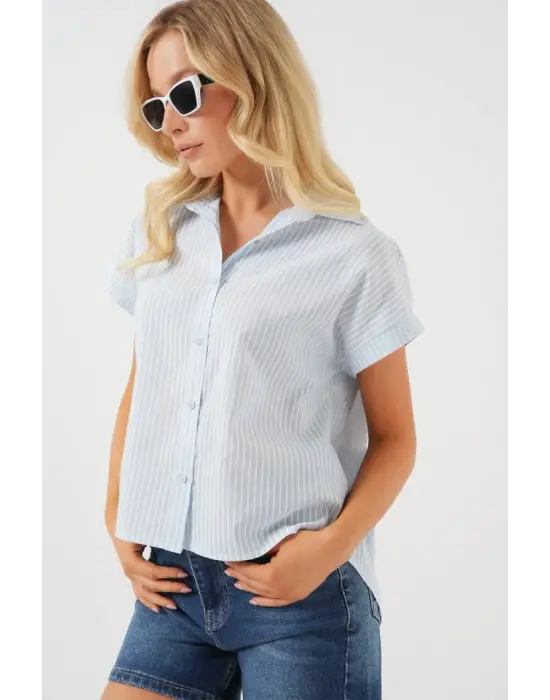 Çizgili Kısa Kol Gömlek 20324 - Açık Mavi