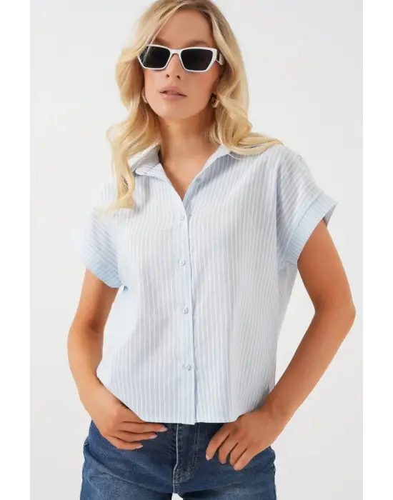 Çizgili Kısa Kol Gömlek 20324 - Açık Mavi