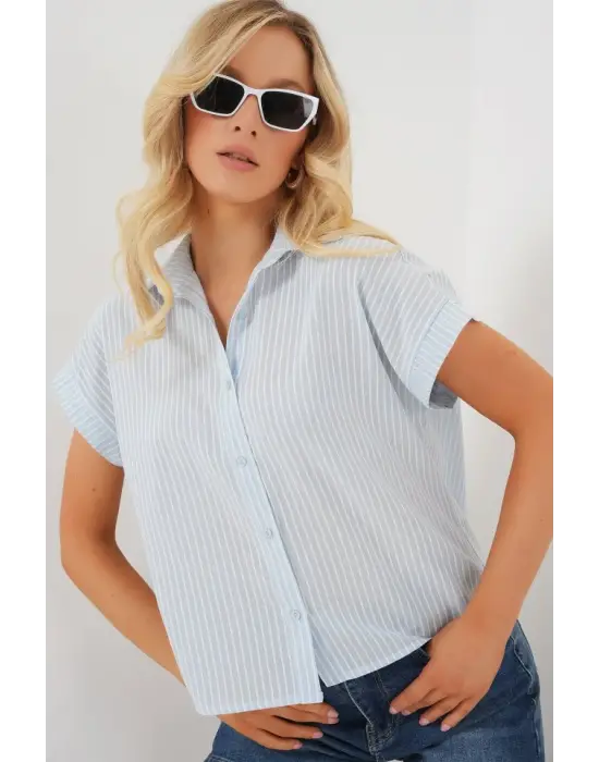Çizgili Kısa Kol Gömlek 20324 - Açık Mavi