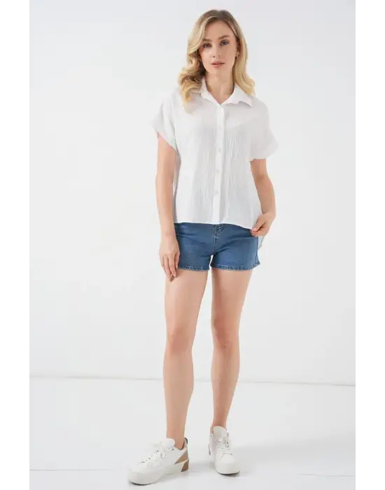 Çizgili Kısa Kol Gömlek 20324 - Beyaz