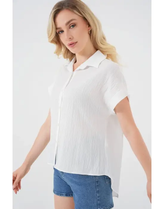Çizgili Kısa Kol Gömlek 20324 - Beyaz