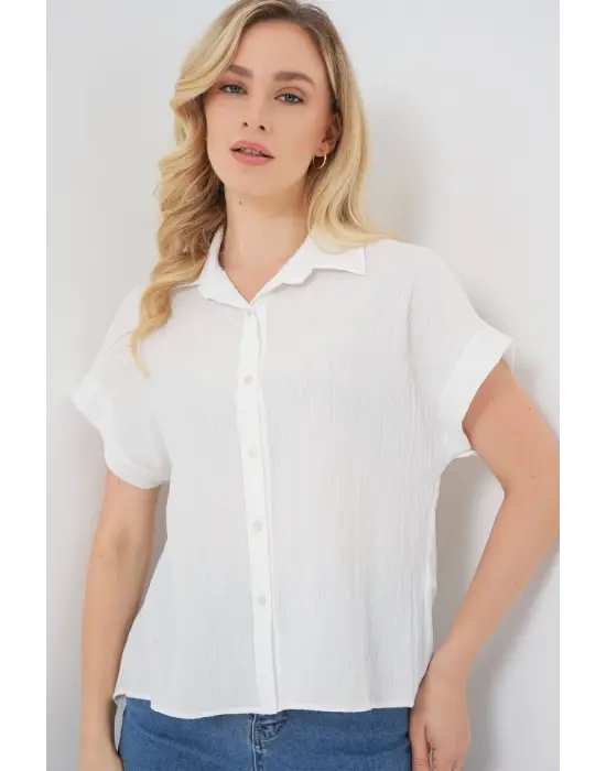 Çizgili Kısa Kol Gömlek 20324 - Beyaz