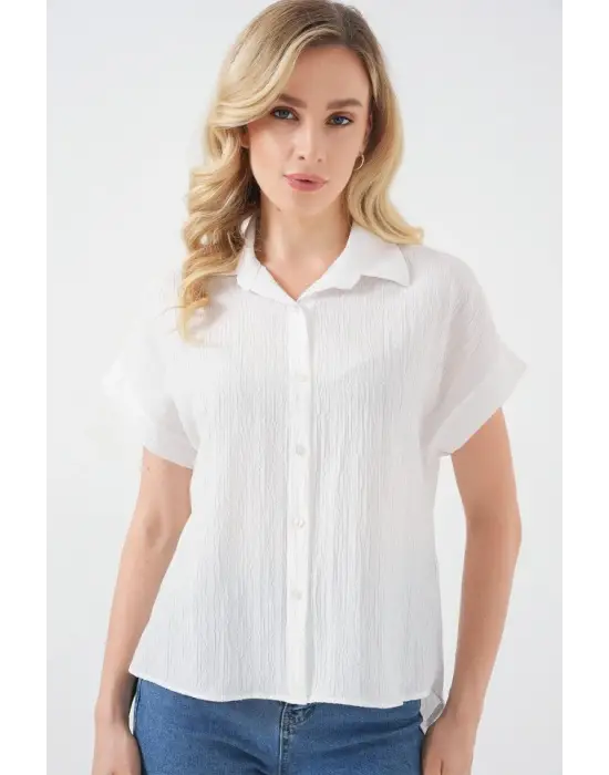 Çizgili Kısa Kol Gömlek 20324 - Beyaz