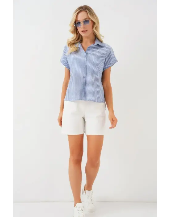 Çizgili Kısa Kol Gömlek 20324 - İndigo