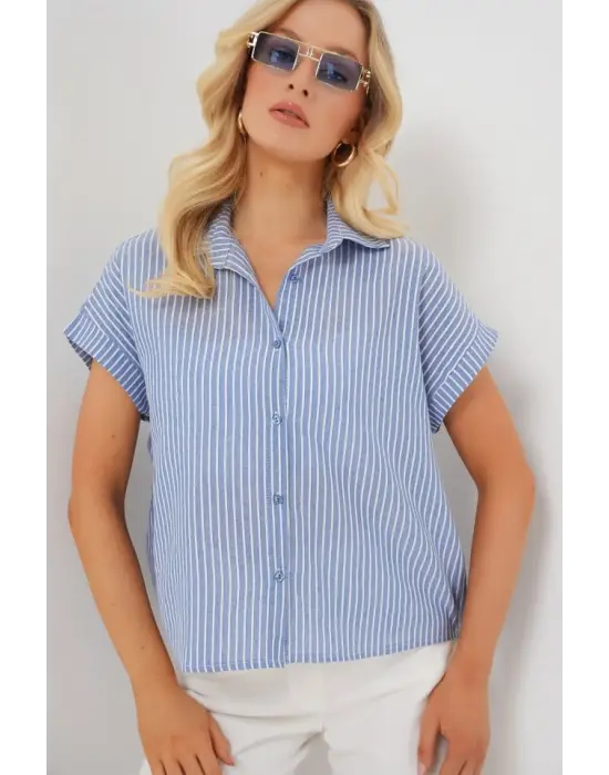 Çizgili Kısa Kol Gömlek 20324 - İndigo