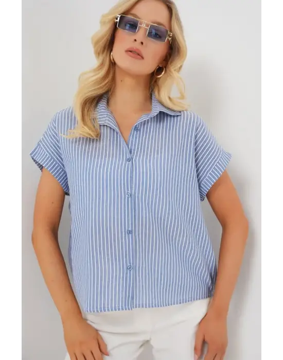 Çizgili Kısa Kol Gömlek 20324 - İndigo
