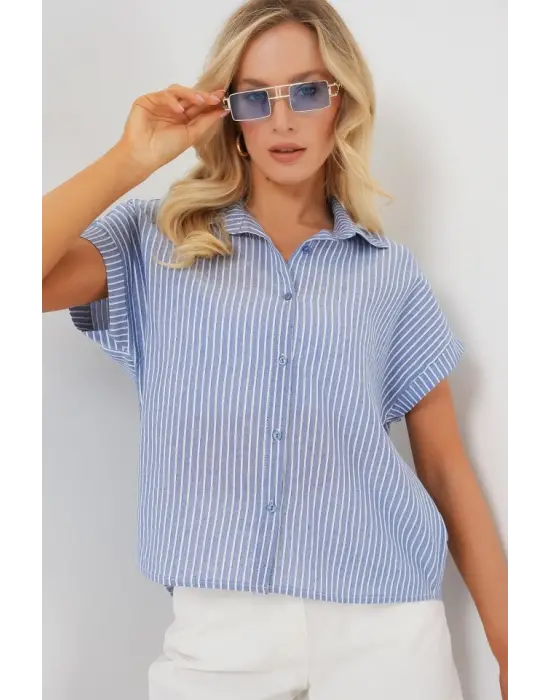 Çizgili Kısa Kol Gömlek 20324 - İndigo