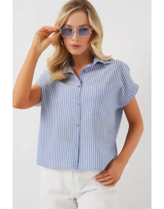 Çizgili Kısa Kol Gömlek 20324 - İndigo
