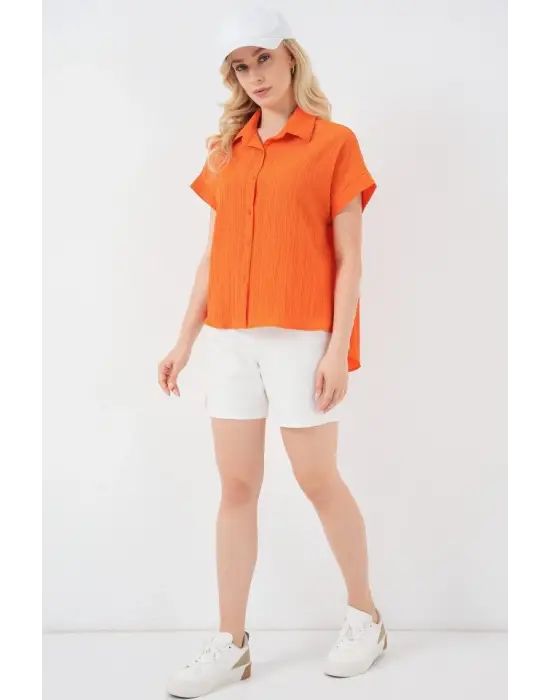 Çizgili Kısa Kol Gömlek 20324 - Turuncu