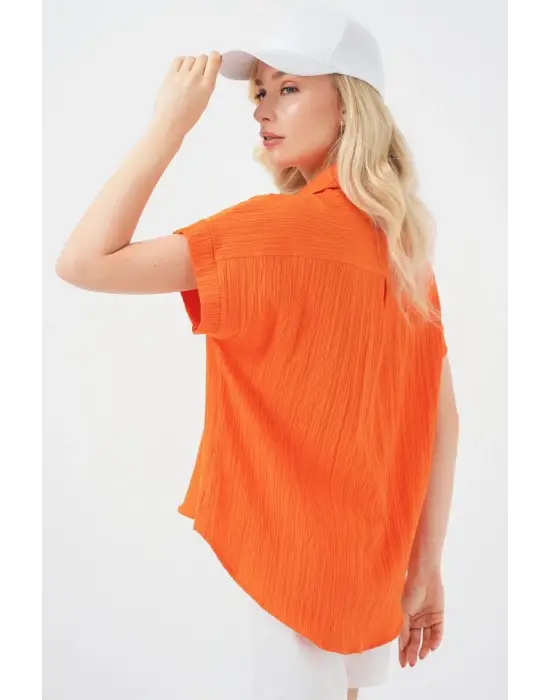 Çizgili Kısa Kol Gömlek 20324 - Turuncu